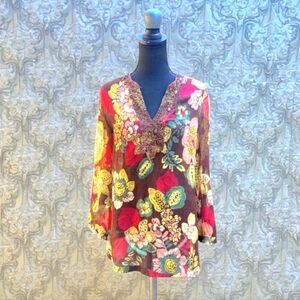 Lafayette 148 NY Sheer Floral Blouse Size 6 Hand Beaded Collar